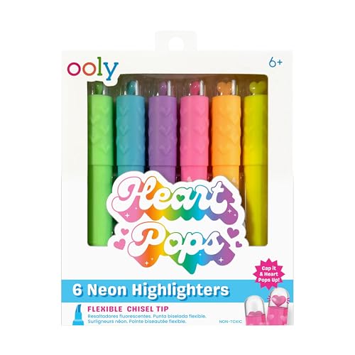 Ooly Heart Pops Neon Highlighters, Set of 6 | Ages 6+, Flexible Chisel Tip, Mini Heart-Shaped Neon Markers for Planners, Journals, and Note-Taking - color: Heart Pops