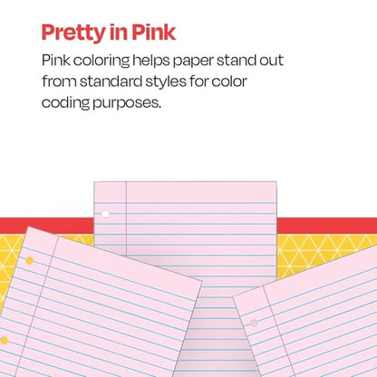 School Smart 3-Hole Punched Filler Paper, 8-1/2 x 11 Inches, Pink, 100 Sheets - 087155