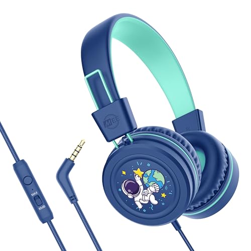 MEE audio KidJamz KJ55 Wired Children’s Headphones with 3.5mm Plug, Colorful Graphics, Volume Limiter & Microphone, Adjustable On-Ear Kids Headset for Online Learning/School/Travel/Tablet (Blue) - color: Blue, style: Standard
