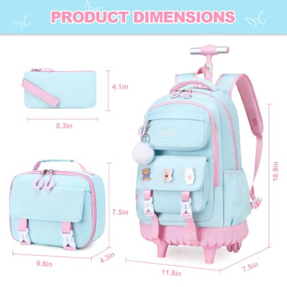 3-IN-1 Rolling Backpack for Girls with Lunch Bag Pencil case, Kawaii Backpack with Wheels for Girls, Roller School Bag with Wheels for Teen Elementary School Bookbags with Cute Pins Aquamarine-Pink - color: Aquamarine-pink