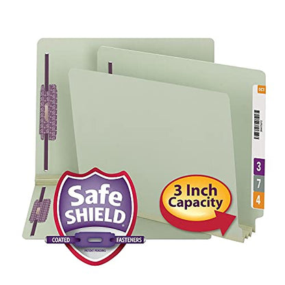 Smead End Tab Pressboard Fastener File Folder with SafeSHIELD Fasteners, 2 Fasteners, 3" Expansion, Letter Size, Gray/Green, 25 per Box (34725) - size: 3" Expansion