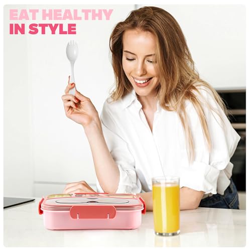 EASYFUN Bento Box Adult, Lunch Box, 4-Compartment Lunch Containers, Drop-Proof, Dishwasher Safe & Made with BPA-Free Materials (Pink) - color: Pink