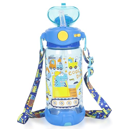 Kids Water Bottle with Straw/Lanyard for School Kids Girls Boys, 22oz BPA Free Child Drinking Water Bottle One-Click-Open Leak-Proof Locking Flip Lid for School Sport Travel - color: H14. Dinosaur