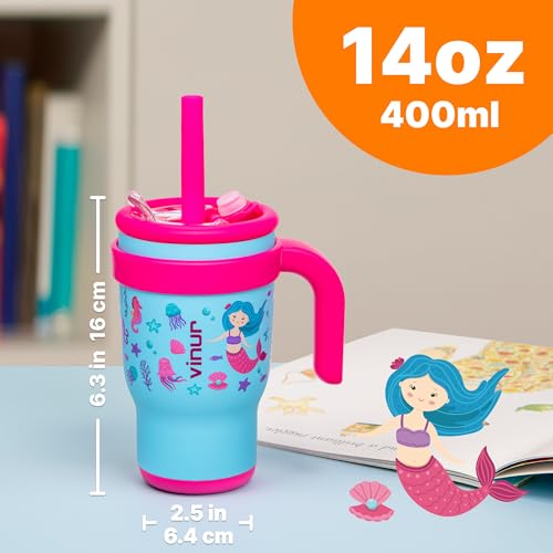 VINUR Kids Tumbler with Handle 14 oz Stainless Steel Double Wall Vacuum Insulated Tumbler with Lid and Straw, Leak Proof Water Cup for Travel(Mermaid) - color: Mermaid, size: 14 Ounces