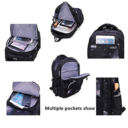 VIDOSCLA Elementary Galaxy Teens Rolling Backpack Kids Boys Luggage with Wheels Trolly BookBag for School-6 Wheels - color: Sky Blue-3pcs 6 Wheels, style: 6 Wheels 3pcs