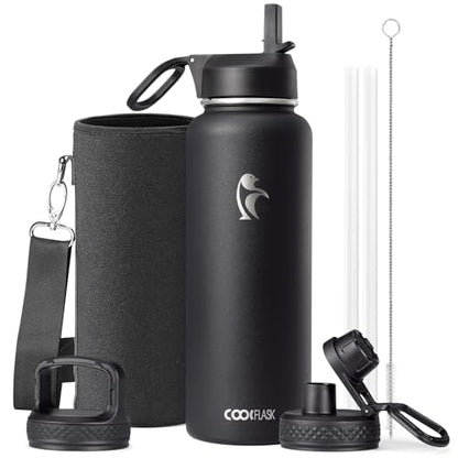 Coolflask 40 oz Water Bottle Insulated with Straw & 3 Leakproof Lids | Water Flask Stainless Steel Triple-Wall Vacuum,Cold 48+h,Dishwasher Safe,Wide Mouth, BPA-Free,Carrier Bag,for Gym,Hiking - color: Magic Black, size: 40 Ounces