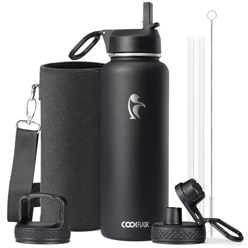Water Bottle 40 oz Insulated with Straw&Brush, Coolflask Vaccum Stainless Steel Metal 3 Lids Water Flask for Sports, Gym or Office, Keep Cold 48H Hot 24H, Magic Black - color: Magic Black, size: 40 Ounces