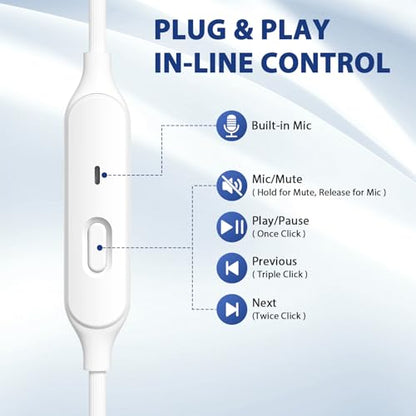 ASKUBSKU USB Headphones Earbuds with Microphone for PC 7.5 Ft Cable, White | USB A Headphones for Computer Office Meeting, Wired Headset with Mute Stereo Call Laptop Earphones for Dell/Surface - color: White