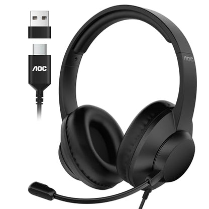 AOC USB Headset with Microphone for PC, Over-Ear Wired Headphones with Mic, Noise-Cancelling Boom, 40mm Audio Drivers, USB-A/C Compatibility for Office, Call Centers & Online Meetings (Black)