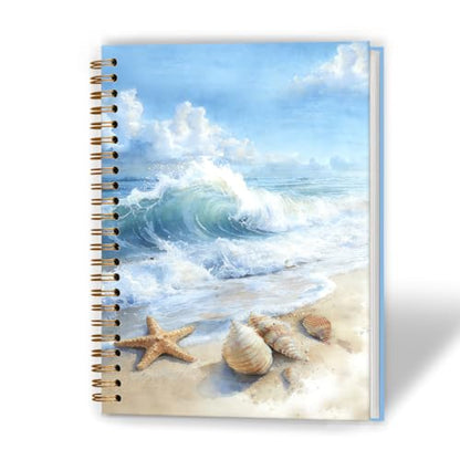 XUNLURY Ocean Beach Notebook, Blue Coastal Beachy Starfish Seashell Journal, Beach Themed Gifts Journal, Gifts for Ocean Lovers Hardcover Spiral Notebooks, 5.5x8.3 Inch - color: Color_F