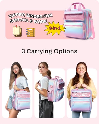 Zipper Binder 3 Ring with Ita Window, 3 Inch Binder with Zipper D-Ring Fits 14 in Laptop, 3-in-1 Shoulder/Backpack/Handle 600 Sheets Capacity for School & Office – Pink Blue - color: Pink Blue