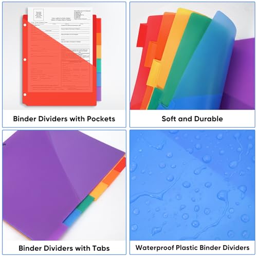 Binder Dividers with Pocket, Plastic Dividers for 3 Ring Binder with Tabs, Colorful Divider Folders, Notebook Dividers Subject Dividers with Front Pockets 6 Count
