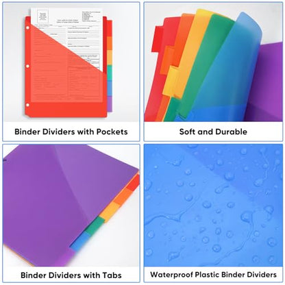 Binder Dividers with Pocket, Plastic Dividers for 3 Ring Binder with Tabs, Colorful Divider Folders, Notebook Dividers Subject Dividers with Front Pockets 6 Count