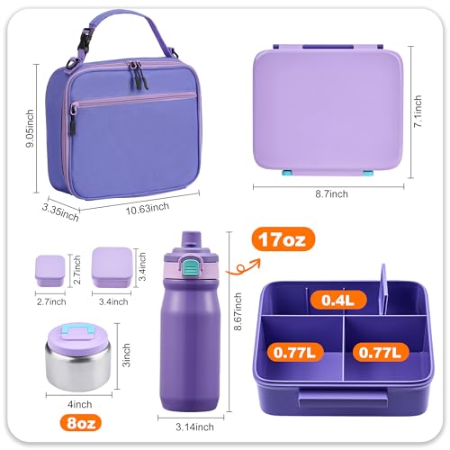 Bento Lunch Box for Kids with Thermo, Leakproof Bento Box with 8oz Insulated Food Jar, Insulated Bottle, Lunch Bag, BPA Free Dishwasher Safe 4 Compartment Container for School Girls Boys (Purple) - color: Purple