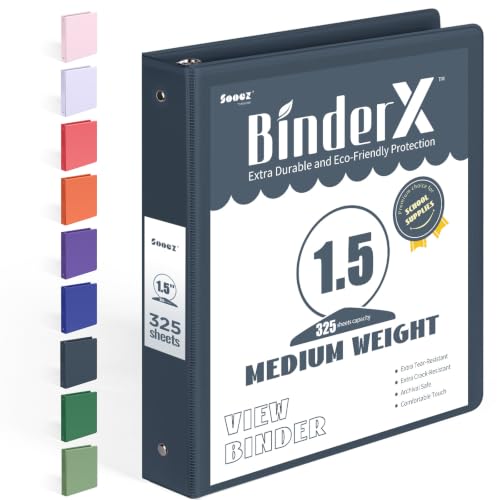 BinderX Extra Durable 3 Ring Binder, Round Rings 1.5 Inch Binder, Fits 325 Sheets of 8.5x11 Paper, Customizable View Cover with Inside Pockets, Cute 1.5" Binders, 1.5 Inch 1 Pack, Dark Blue - color: Dark Blue, size: 1.5 inch