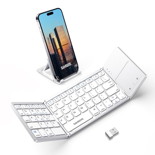 Samsers Multi-Device Foldable Bluetooth Keyboard with Touchpad, Rechargeable Folding Keyboard with Holder, Portable Travel for Android Windows iOS Mac OS, Support 3 Devices - Silver - color: Frost Silver, size: 3-Device