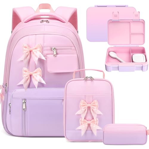 Bevalsa Backpack for Girls, Bow Kids Backpack with Bento Lunch Box, Insulated Bag & Utensils, 34oz Lunch Containers, Cute School Bookbag for Children Teens for Elementary Middle Student (Pink Purple) - color: Pink Purple