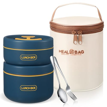 Dandat 2 Pcs Portable Insulated Lunch Containers Thermal Bento Box with Bag Fork Knife Stainless Steel Lunch Box 15.2 oz 21 oz Separate Stackable Food Jar for Adult Men Women(Navy Blue) - color: Navy Blue