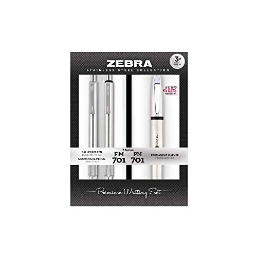 Zebra Pen Premium Steel Writing Set, PM-701 Permanent Marker, F-701 Ballpoint Pen, M-701 Mechanical Pencil, Ideal for Tactical Use, Great for Gift Giving, 3-Pack (11213) - color: Black Set C