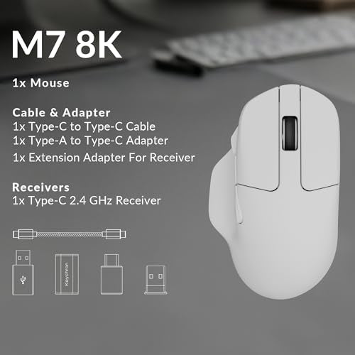 Keychron M7 8K Wireless Mouse, 30K DPI Optical Computer Mice, 2.4 GHz/Bluetooth/Wired with Macro Button 66g Lightweight Ergonomic, Up to 140 Hours Worktime for Laptop macOS/Windows - White - color: White, style: 8K Polling Rate