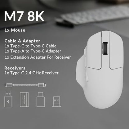 Keychron M7 8K Wireless Mouse, 30K DPI Optical Computer Mice, 2.4 GHz/Bluetooth/Wired with Macro Button 66g Lightweight Ergonomic, Up to 140 Hours Worktime for Laptop macOS/Windows - White - color: White, style: 8K Polling Rate