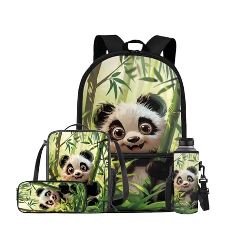 Panda Backpack for Girls Boys Backpack with Lunch Box Water Bottle Pouch and Kawaii Pencil Case 4PCS Set Cute Bookbag with Front Pocket for School 17 inch Large Sturdy School Bag for Kids - color: Bamboo Panda