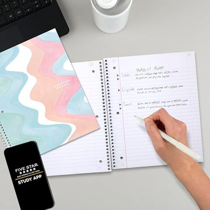 Five Star Spiral Notebook + Study App, 1 Subject, Wide Ruled, 8" x 10-1/2", 80 Sheets, Fights Ink Bleed, Water Resistant Cover, Pastel Waves (930060F)