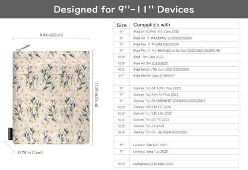 Dadanism 9-11 Inch Embroidered Daisy Padded Carrying Case Protective Tablet Sleeve for iPad A16 11th Gen 11"/10th Gen 10.9", iPad Air 11"/Pro 11"/Air 5th 4th 10.9", Galaxy Tab A11+ Plus 11", Beige - color: Beige