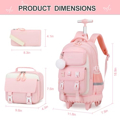 DIGOBAY Rolling Backpack for Girls, Roller School Bag with Wheels, Wheeled Backpacks with Lunch Bag Pencil case for Elementary School Bookbags with Cute Pins Pink - color: Pink