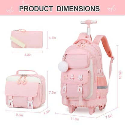 DIGOBAY Rolling Backpack for Girls, Roller School Bag with Wheels, Wheeled Backpacks with Lunch Bag Pencil case for Elementary School Bookbags with Cute Pins Pink - color: Pink