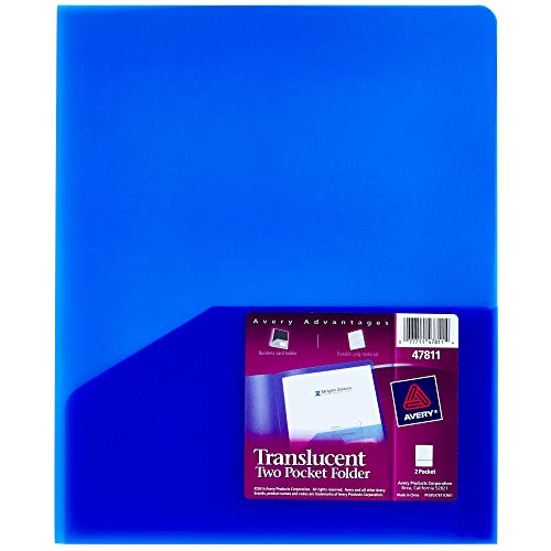 Avery Translucent Two Pocket Folder, Water Resistant, Holds up to 20 Sheets, 1 Blue Folder (47811) - color: Multi, size: 1 Count (Pack of 1), style: Translucent