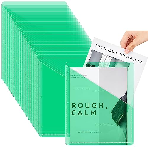 Seajan 48 Pcs Pocket Folders for 3 Ring Binder Clear Plastic Folders Sleeves with 2 Pockets 3 Hole Punch Binder Dividers Poly Slash File Jackets for Office School Document Organizer (Green) - color: Green