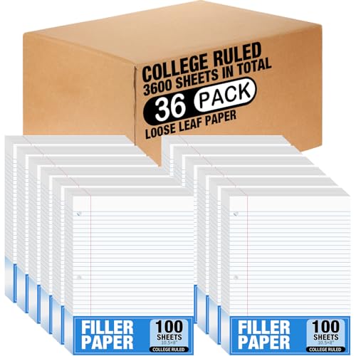 Fulmoon 36 Pcs 8" x 10-1/2" College Ruled Loose Leaf Paper 3 Hole Punched Notebook Paper 100 Sheets Per Pack, 56 Gsm, Filler Paper for Adults Students Binder College School - size: College Ruled
