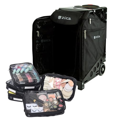 ZUCA Travel Cases for Artists & Professionals - Makeup Case with 4 Vinyl Utility Pouches, Travel Cover, 41" Telescoping Handle, Rolling Wheels & Sturdy Aluminum Frame for Makeup Artists and Creatives - color: Black w/ Black Frame, style: Pro