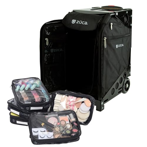 ZUCA Travel Cases for Artists & Professionals - Makeup Case with 4 Vinyl Utility Pouches, Travel Cover, 41" Telescoping Handle, Rolling Wheels & Sturdy Aluminum Frame for Makeup Artists and Creatives - color: Black w/ Black Frame, style: Pro