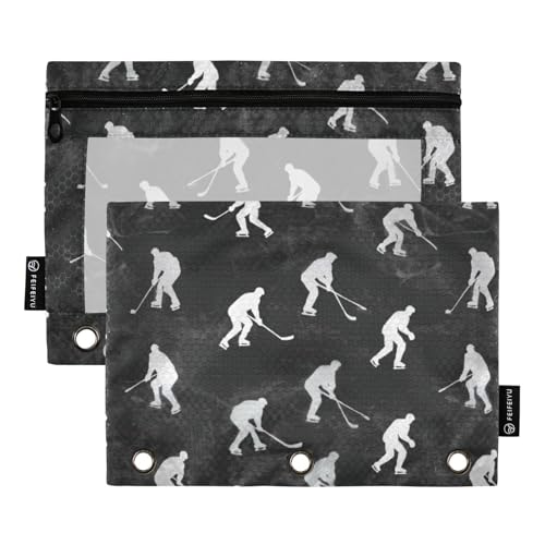 Binder Pouches 3 Ring for Boys Girls Hockey Black Zipper Pencil Pouches Case Bag with Clear Window School College Office Supplies 2 Pack - color: Hockey