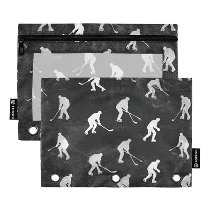 Binder Pouches 3 Ring for Boys Girls Hockey Black Zipper Pencil Pouches Case Bag with Clear Window School College Office Supplies 2 Pack - color: Hockey