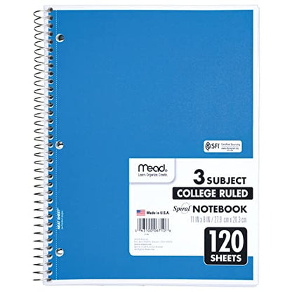 Mead Spiral Notebook, 3 Subject, College Ruled Paper, 8" x 11", 120 Sheets, Color Will Vary (820394-25)