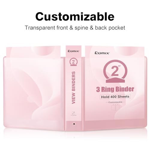 COMIX Standard 3 Ring Binder 2 inch with Clear View Cover, 2" Round Ring View Binder Holds 400 Sheets of US Letter Size Paper, 6 Pack (Pink) - color: Pink, size: 2 inch