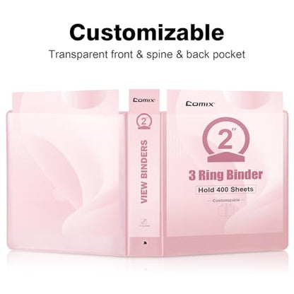 COMIX Standard 3 Ring Binder 2 inch with Clear View Cover, 2" Round Ring View Binder Holds 400 Sheets of US Letter Size Paper, 6 Pack (Pink) - color: Pink, size: 2 inch