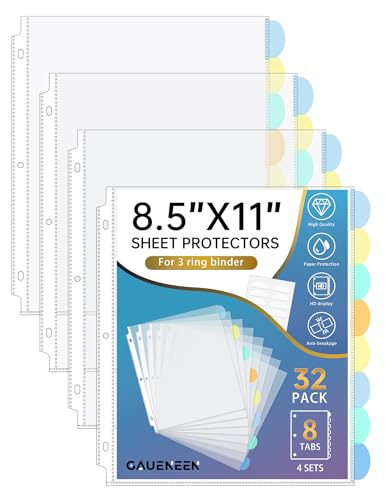 32 Pcs Clear Sheet Protectors with Tabs for 3 Ring Binder, Binder Dividers with 8 Tabs, Clear Plastic Notebook Page Dividers with Pockets, 4 Sets
