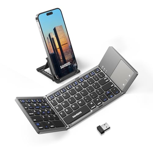 Samsers Multi-Device Foldable Bluetooth Keyboard with Touchpad, Rechargeable Folding Keyboard with Holder, Portable Travel for Android Windows iOS Mac OS, Support 3 Devices - Grey - color: Grey, size: 3-Device
