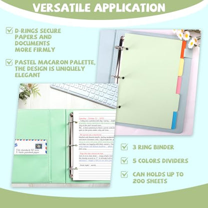 2 Pack Mini Size 3 Ring Binder 1 inch Rings 5 Colors Dividers Pu Leather Binders 5.5" X 8.5" Holds 200 Sheets Paper Three Ring Binder DRing with Pen Loop 1 Pockets School Office (Green&Blue) - color: Green&blue, size: 1"D Ring