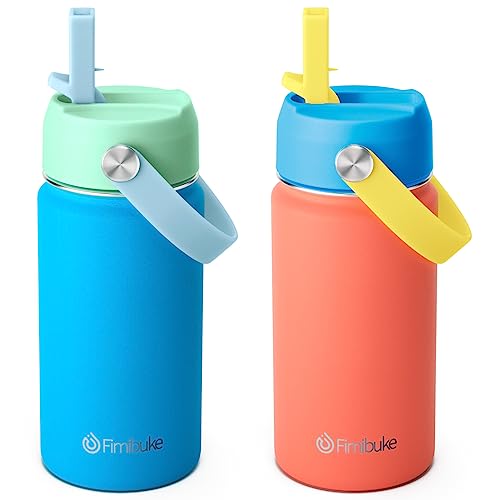 Fimibuke Kids Insulated Water Bottle, 14oz BPA FREE Double Wall Vacuum Tumbler 18/8 Stainless Steel Leak Proof Kids Cups with Straw Metal Water Bottle for School Boys Girls (2 Pack, Ocean Life) - color: B8. Ocean Life