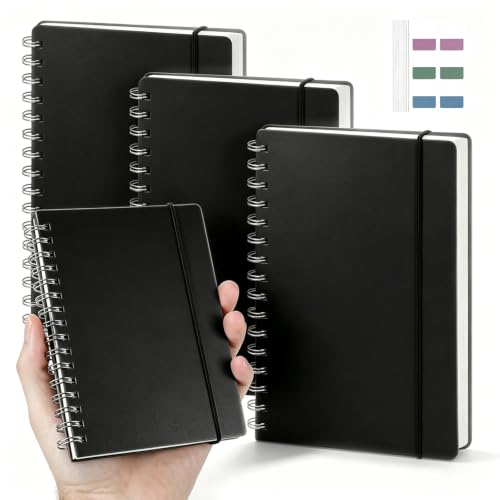 4 Pack Small Spiral Notebooks 3.5 x 5.5 in College Ruled, Mini Spiral Notebook, Waterproof 80 Sheets/160 Pages, Pocket Notebook with 120 Pcs Sticky Index Tabs for Home Office College School (Black) - size: 3.5 x 5.5in, style: Style 3