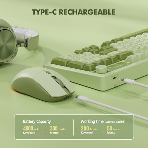 Wireless Keyboard and Mouse Combo Creamy with Number Pad for Desktop Mac iPad Bluetooth/2.4ghz/Wired Rechargeable Light up RGB Quiet Compatible with PC Laptop Tablet (Green) - color: Green