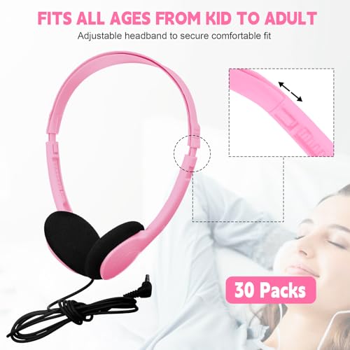 Konohan 30 Pack Headphones Bulk Headphone for School Classroom Student Wired Headphones Adjustable with 3.5 mm Jack for Adults (Pink) - color: Pink