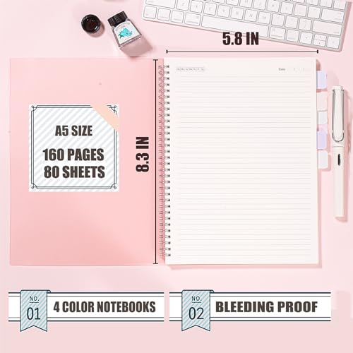 OWSC 4 Pack College Ruled Spiral Notebook, Notebooks for Work A5 Lined | 5.9 x 8.3 IN Notebooks College Ruled for Note Taking, School and Journal with 80 Sheets/160 Pages 110 GSM Thick Papers - size: Ruled-A5-4 Pcs