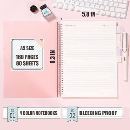 OWSC 4 Pack College Ruled Spiral Notebook, Notebooks for Work A5 Lined | 5.9 x 8.3 IN Notebooks College Ruled for Note Taking, School and Journal with 80 Sheets/160 Pages 110 GSM Thick Papers - size: Ruled-A5-4 Pcs