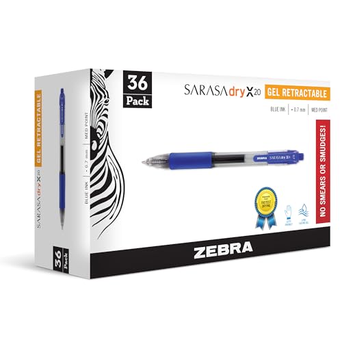 Zebra Pen Sarasa Dry X20 Retractable Gel Pens, 0.7mm Medium Point, Blue Ink with Rapid Fast Dry Ink Technology, Ideal for the Left-Handed, Eliminates Smudging and Smearing in Seconds, 36-Pack (46236) - color: Blue B